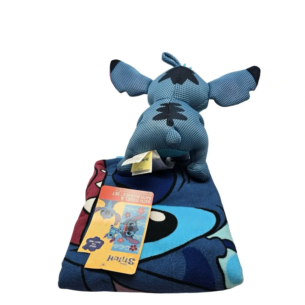 Disney Stitch Bath Towel & Bath‎ Buddies Set Plush Toy Blue Kids